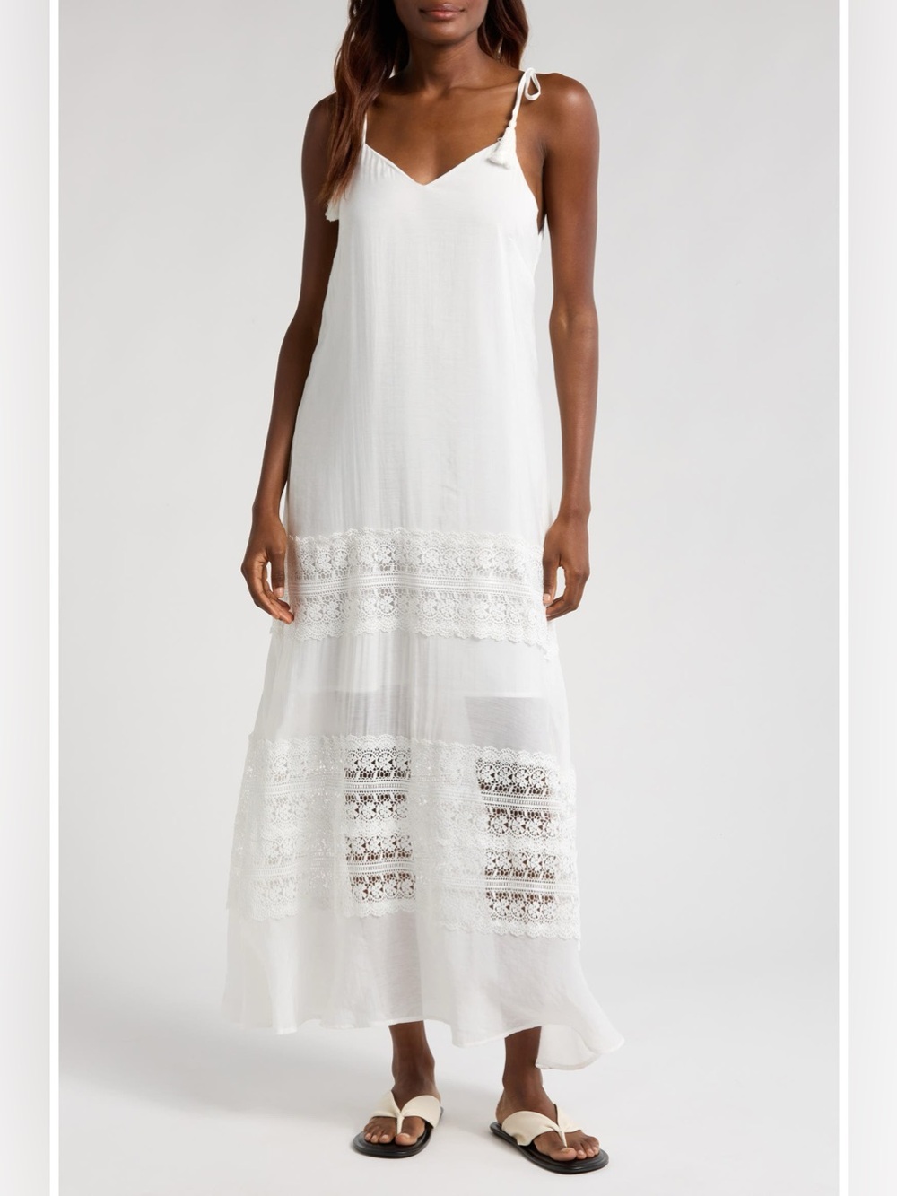 Elan Lace Tie Strap Cover-Up Maxi Dress White Large